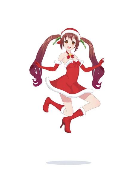 Alegre anime manga chica como Santa Claus en un salto — Vector de stock