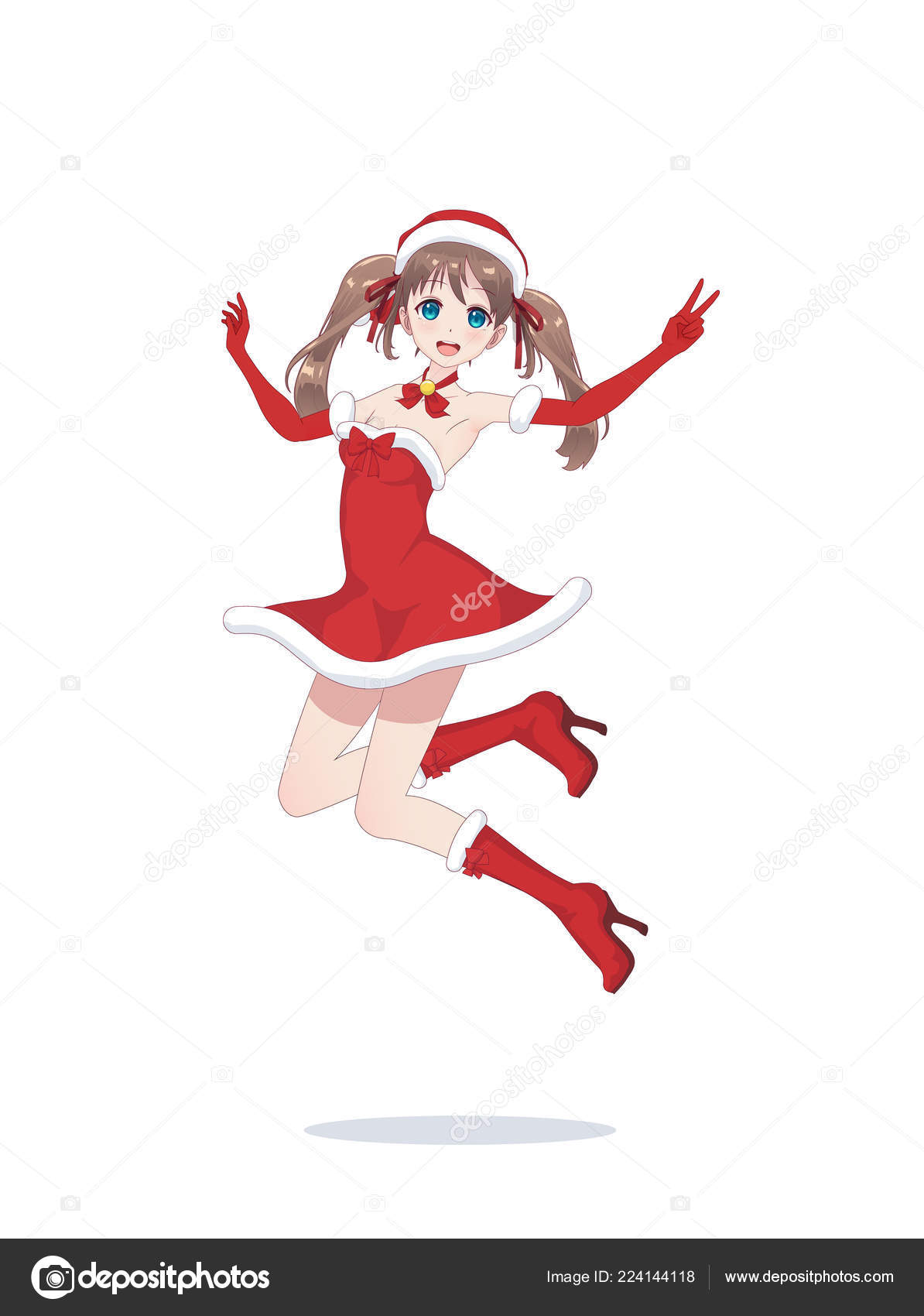 Joyful Anime Manga Girl As Santa Claus In A Jump Stock