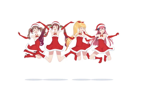 Joyful anime manga girls as Santa Claus in a jump — Stock Vector