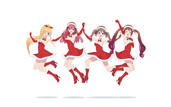 Joyeuses filles manga anime comme Père Noël dans un saut — Image vectorielle