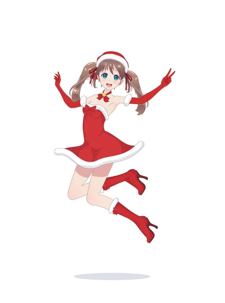 Gadis manga anime gembira sebagai Santa Claus dalam lompat - Stok Vektor