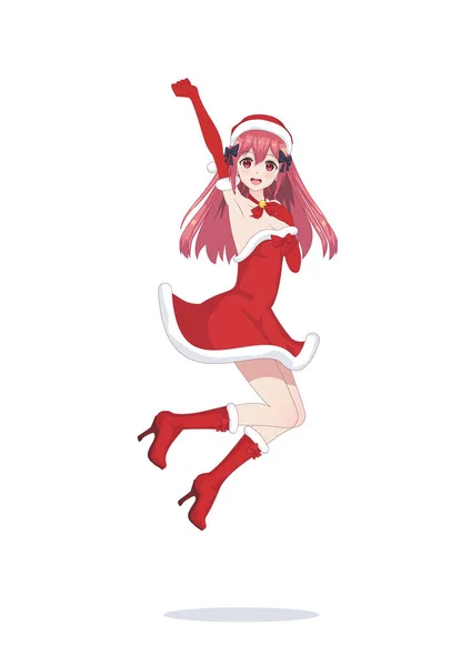 Radosny anime manga dziewczyna jako Santa Claus w skoku — Wektor stockowy