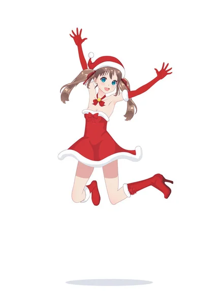 Gadis manga anime gembira sebagai Santa Claus dalam lompat - Stok Vektor