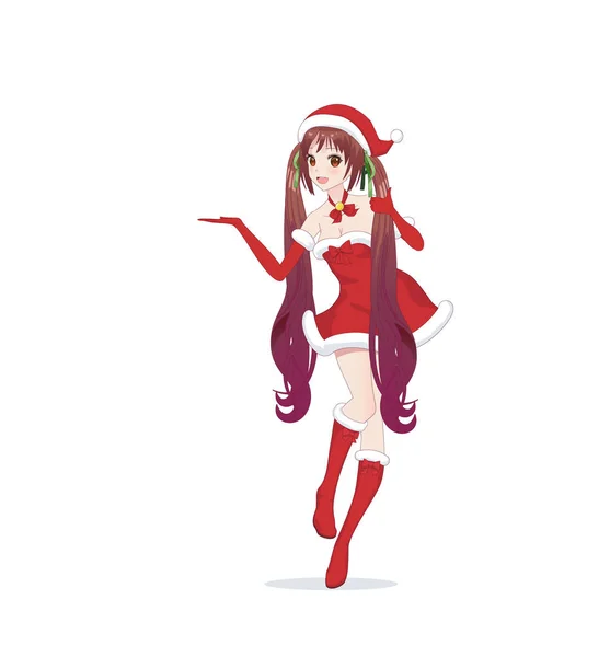 Anime manga gadis mengenakan kostum Santa Claus - Stok Vektor