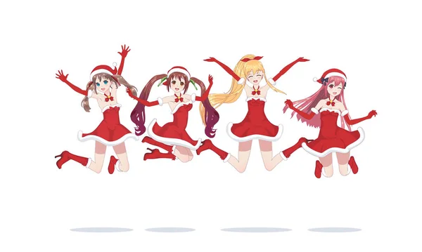 Alegre anime manga niñas como Santa Claus en un salto — Vector de stock