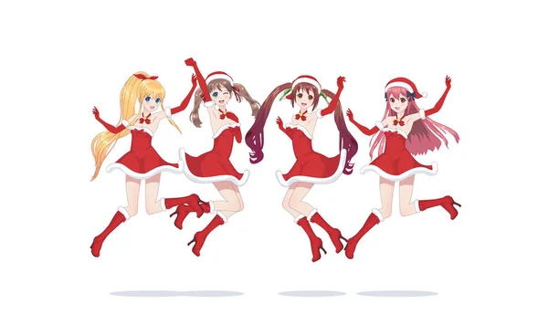 Joyful anime mangá meninas como Papai Noel em um salto —  Vetores de Stock