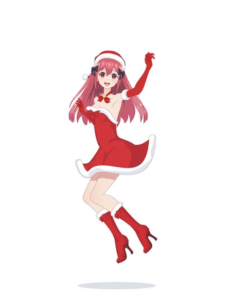 Fröhliches Anime-Manga-Mädchen als Weihnachtsmann im Sprung — Stockvektor
