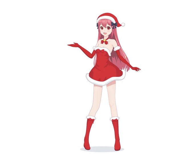 Anime manga gadis mengenakan kostum Santa Claus - Stok Vektor