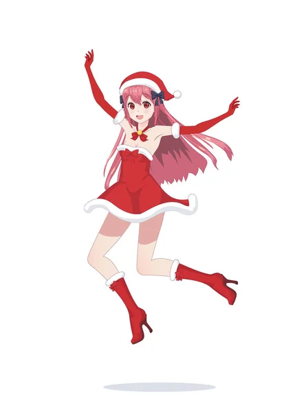 Joyeuse manga anime fille comme Père Noël dans un saut — Image vectorielle