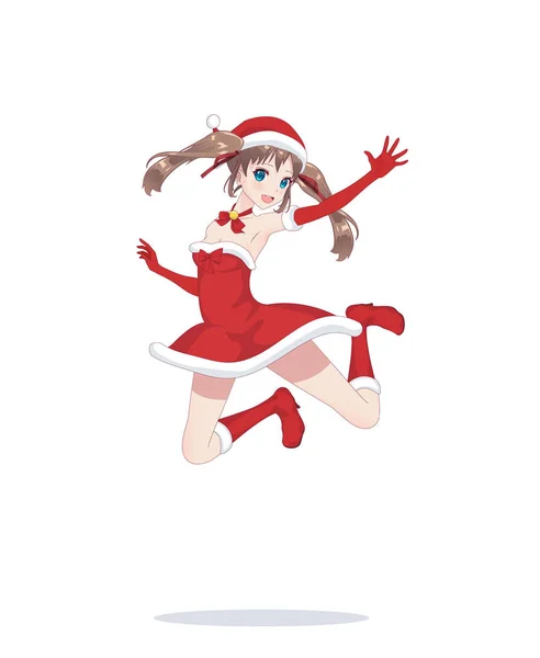 Joyful anime manga menina como Papai Noel em um salto — Vetor de Stock