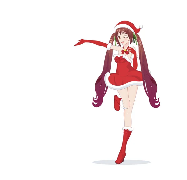 Anime κορίτσι manga ντυμένος με στολή Άγιου Βασίλη — Διανυσματικό Αρχείο