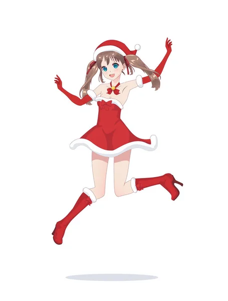 Vrolijke anime-manga meisje als Santa Claus in een sprong — Stockvector