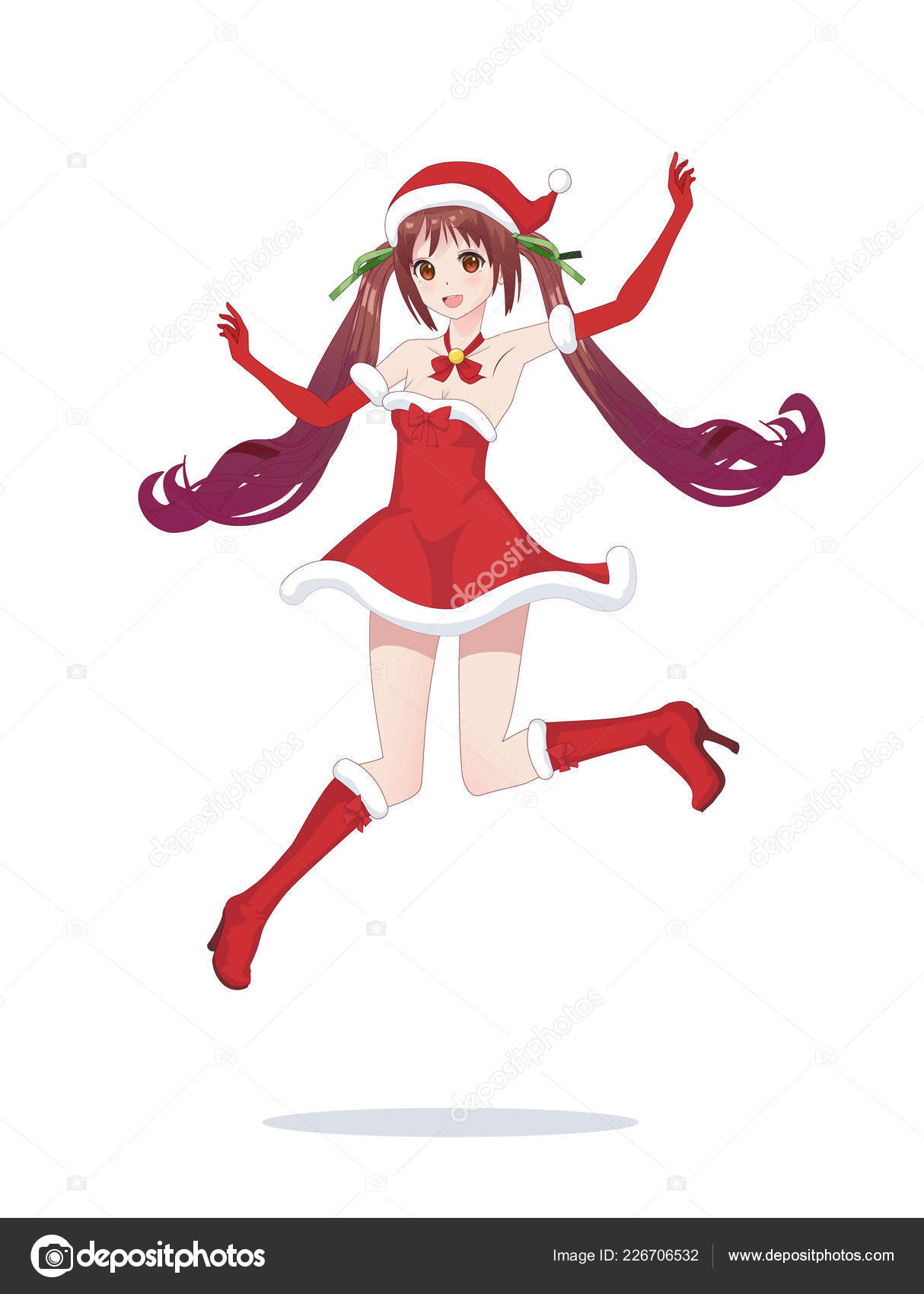 Fille De Manga Anime Joyeuse Comme Le Père Noël Dans Un Saut