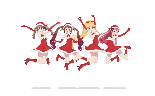 Gadis manga anime gembira sebagai Santa Claus dalam lompat - Stok Vektor