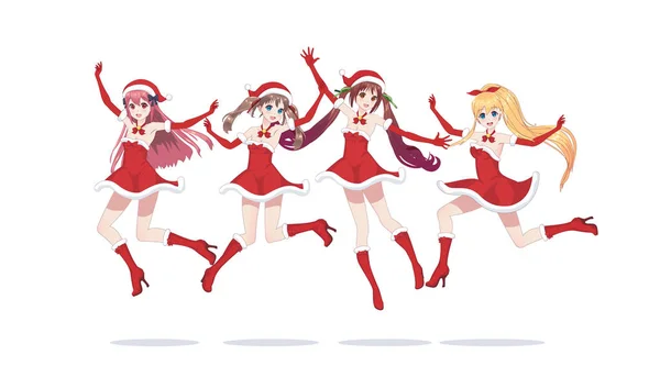 Gadis manga anime gembira sebagai Santa Claus dalam lompat - Stok Vektor