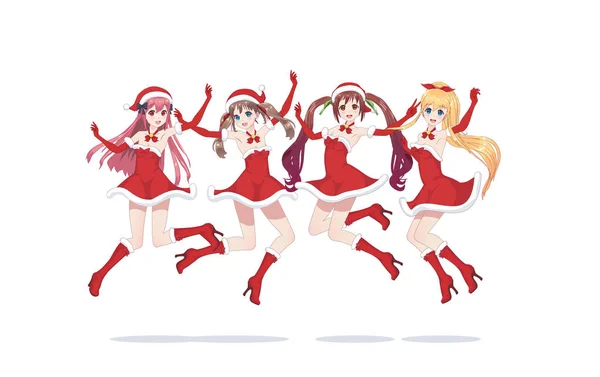 Веселые аниме-девочки в роли Санта-Клауса в прыжке — стоковый вектор