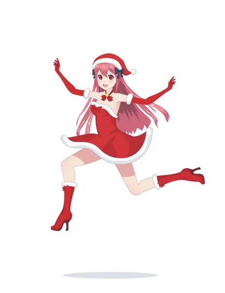 Neşeli anime manga kız olarak Noel Baba olarak bir atlama — Stok Vektör