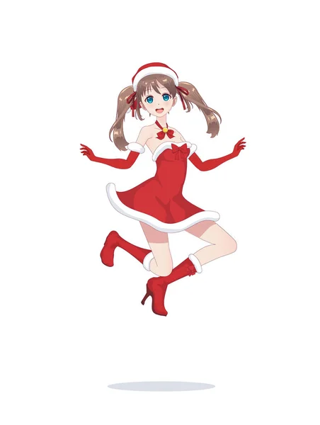 Gadis manga anime gembira sebagai Santa Claus dalam lompat - Stok Vektor