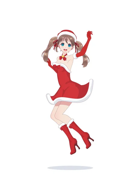 Joyeuse manga anime fille comme Père Noël dans un saut — Image vectorielle