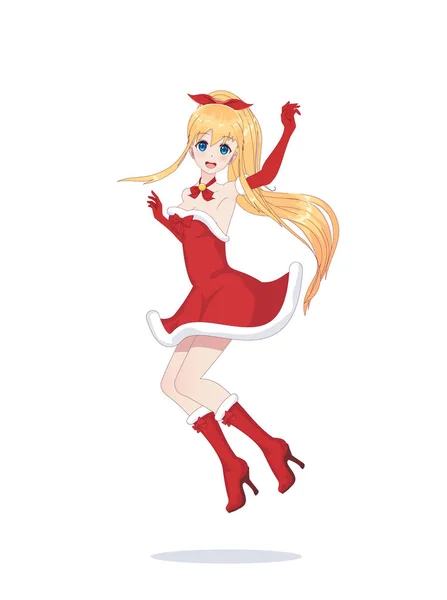 Neşeli anime manga kız olarak Noel Baba olarak bir atlama — Stok Vektör