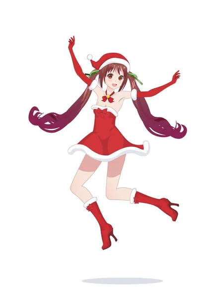 Радісне аніме манга дівчина, як Санта-Клаус в стрибок — стоковий вектор