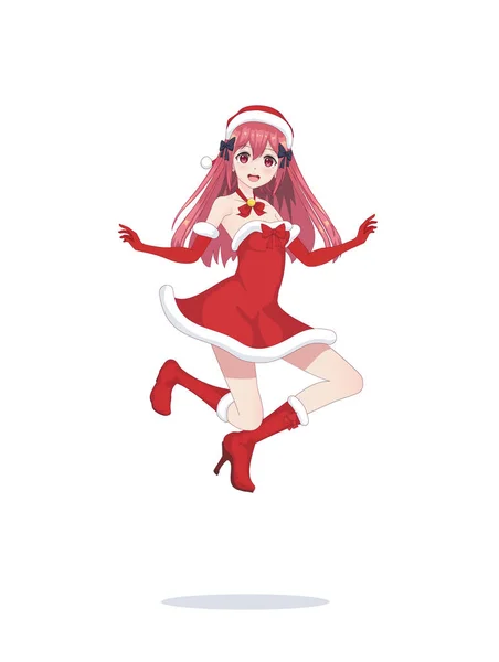 Joyful anime manga flicka som jultomten i ett hopp — Stock vektor