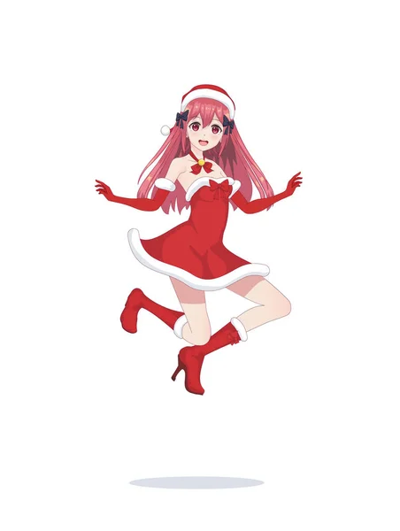 Alegre anime manga chica como Santa Claus en un salto — Vector de stock