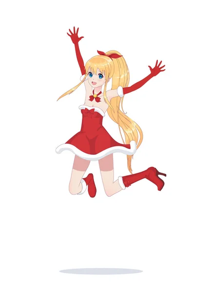 Joyeuse manga anime fille comme Père Noël dans un saut — Image vectorielle