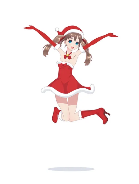Vrolijke anime-manga meisje als Santa Claus in een sprong — Stockvector