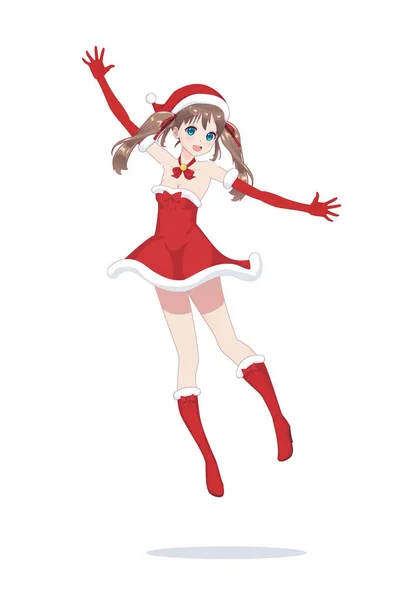 Joyful anime manga girl as Santa Claus in a jump — Stock Vector