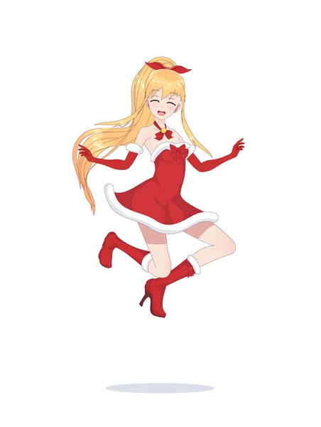 Радісне аніме манга дівчина, як Санта-Клаус в стрибок — стоковий вектор