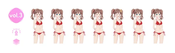 Set sprites emotion anime manga girls in bikini - Stok Vektor