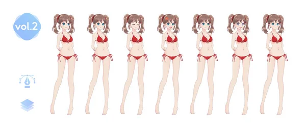 Set sprites emotion anime manga girls in bikini - Stok Vektor