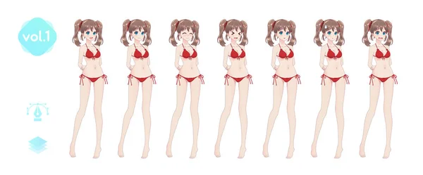 Set sprites emociones anime manga niñas en bikini — Archivo Imágenes Vectoriales