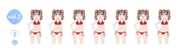 Zestaw emocji sprites anime manga dziewczyny w bikini — Wektor stockowy