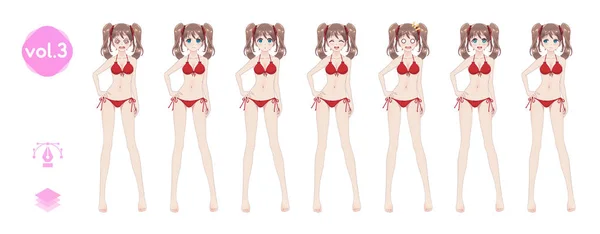 Set sprites emotion anime manga girls in bikini - Stok Vektor