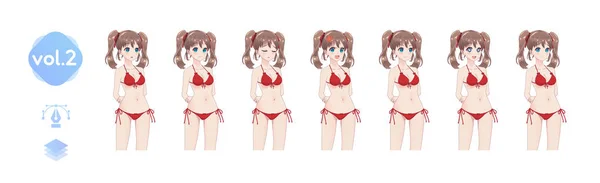 Zestaw emocji sprites anime manga dziewczyny w bikini — Wektor stockowy