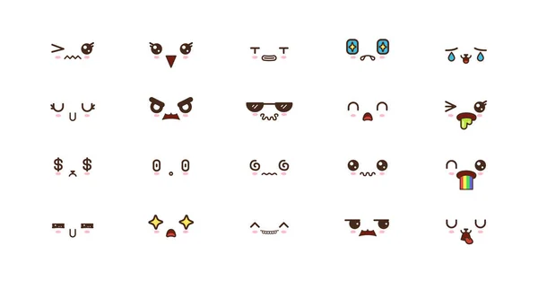 Kawaii caras lindas sonrisa emoticonos. emoji japonés — Vector de stock