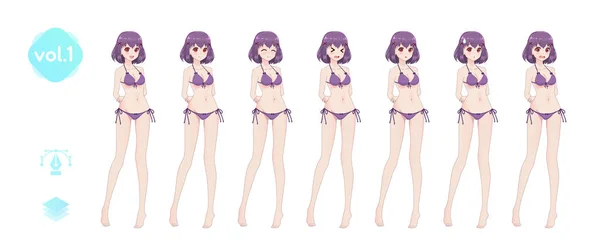 Gadis manga anime. Dalam bikini pakaian renang musim panas - Stok Vektor