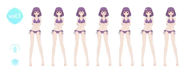 Anime Manga Lány Rajzfilm Karakter Japán Stílusban Nyári Bikini Fürdőruhában — Stock Vector