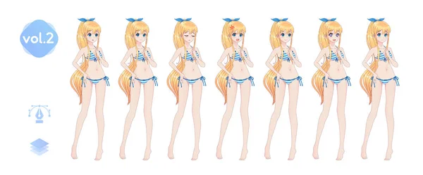 アニメ漫画の女の子 日本スタイルの漫画のキャラクター 夏のビキニ水着で 感情のセット ゲーム視覚小説のための完全な長さの文字 — ストックベクタ