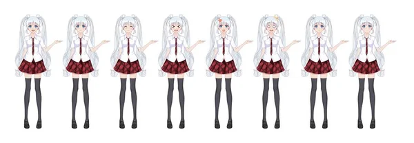 Anime manga schoolmeisje geruite rode rok patroon stropdas — Stockvector