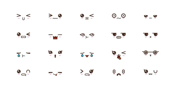 Kawaii rostos bonitos sorrir emoticons. Emoji japonês — Vetor de Stock