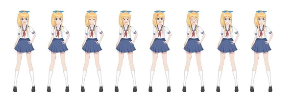 Anime manga escolar en traje de marinero, falda azul — Vector de stock