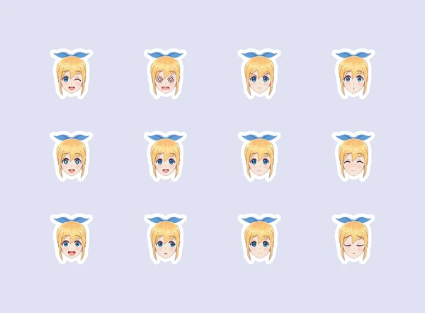 Set of emotional stickers head anime manga girl — Stock Vector