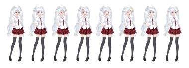 Anime manga kız öğrenci ekose etek kırmızı kravat desen