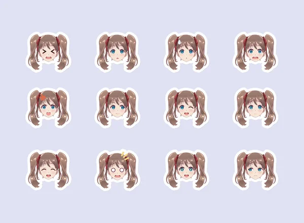 Set van emotionele stickers hoofd anime-manga girl — Stockvector