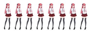 Anime manga kız öğrenci ekose etek kırmızı kravat desen