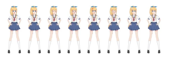 Anime-manga schoolmeisje in sailor suit, blauwe rok — Stockvector