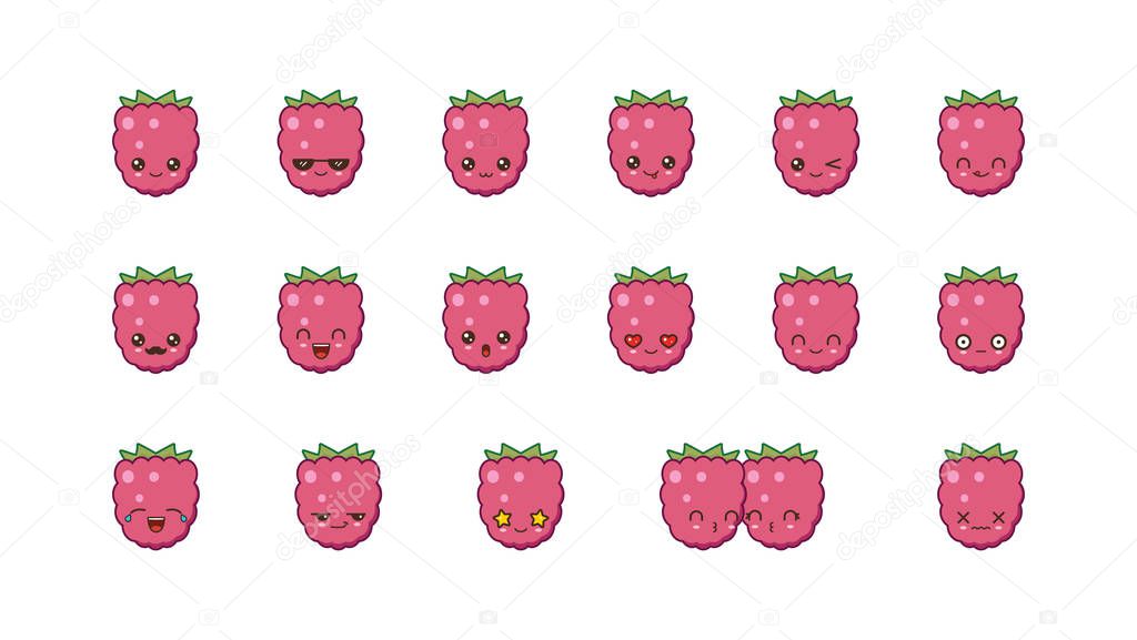Raspberries cute kawaii mascot. Set kawaii food faces